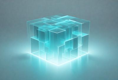 The primary subject of the image is a large, three-dimensional, blue and white cube. The cube is illuminated, giving it a glowing appearance. The setting is a blue background, which contrasts with the bright colors of the cube. The visual style of the image is a combination of digital art and illustration, creating a unique and eye-catching design. The colors and mood of the image are vibrant and energetic, with the blue and white cube standing out as the focal point.