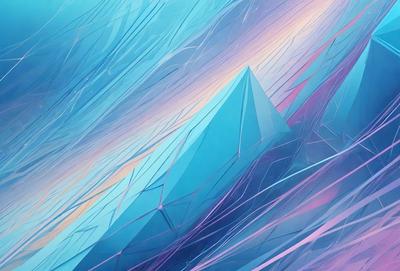 The primary subject of the image is a large, blue, three-dimensional structure, possibly a pyramid or a futuristic building. The setting is a vibrant, colorful background that complements the blue structure. The visual style is a combination of digital art and illustration, creating a unique and eye-catching design. The colors and mood of the image are predominantly blue and purple, giving it a futuristic and dreamy atmosphere.