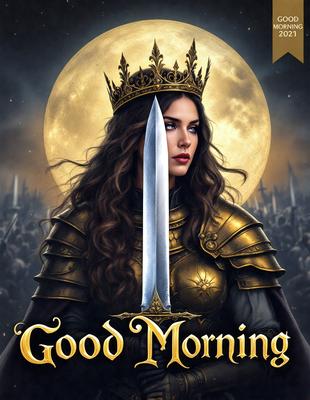 Good Morning: A woman wearing a crown and holding a sword, with a moon in the background.