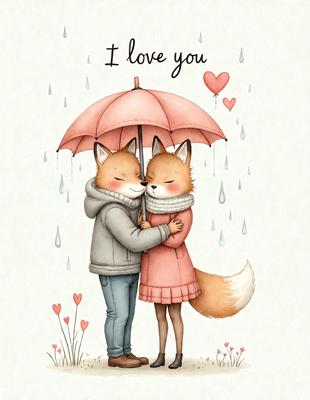 The image features a man and a woman standing close to each other under a pink umbrella. They are both wearing pink clothing, and the woman is wearing a pink dress. The couple appears to be enjoying a rainy day together, as they are embracing each other and smiling. The scene is set in a garden, with a potted plant visible in the background. The overall atmosphere of the image is warm and affectionate, as the couple shares a loving moment despite the rain.