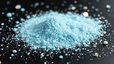 The primary subject of the image is a pile of blue powder, which appears to be a type of blue pigment or a powdered substance. The setting is a black surface, which provides a contrasting background for the blue powder. The visual style of the image is a close-up of the blue powder, showcasing its texture and color. The dominant colors in the image are blue and black, creating a cool and vibrant atmosphere.