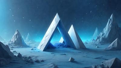 The primary subject of the image is a large, blue, triangular structure, which appears to be a futuristic or alien-like design. The setting is a dark, blue, and starry sky, creating a sense of mystery and wonder. The visual style of the image is a combination of photo and digital art, giving it a unique and intriguing appearance. The dominant colors are blue and white, with the blue triangular structure standing out against the dark, starry sky. The overall atmosphere of the image is one of curiosity and exploration, as the viewer is drawn to the enigmatic structure in the vast, starry expanse.