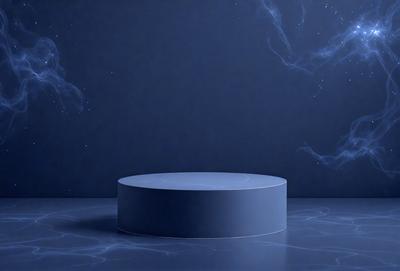 The primary subject of the image is a blue, circular object, which appears to be a table or a piece of art. The setting is a dark blue background, which creates a contrasting and dramatic atmosphere. The visual style of the image is a combination of photo and digital art, giving it a unique and intriguing appearance. The colors and mood of the image are predominantly dark and moody, with the blue hue adding a sense of depth and mystery to the scene.