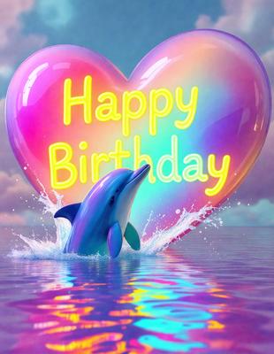 The primary subject of the image is a happy birthday message. The message is displayed in a heart shape, with the word "birthday" written in yellow. The heart is floating on a body of water, which adds a sense of depth and tranquility to the scene. The visual style of the image is a combination of digital art and illustration, creating a vibrant and lively atmosphere. The colors used in the image are predominantly shades of pink, blue, and yellow, which contribute to the overall happy and celebratory mood of the scene.