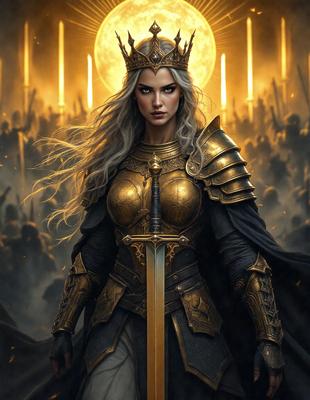 The primary subject of the image is a woman dressed in a medieval-style armor, wearing a crown and holding a sword. She is standing in front of a group of people, possibly a crowd or an army. The setting appears to be a battlefield or a historical event, as the woman is dressed in a warrior's outfit. The visual style of the image is a digital art or illustration, which adds to the dramatic and historical atmosphere of the scene. The colors and mood of the image are dark and intense, reflecting the seriousness and intensity of the medieval setting.