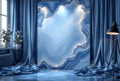 The primary subject of the image is a large, blue marble wall with a light shining on it. The setting is a room with a blue curtain and a vase on a table. The visual style is a digital art, and the colors and mood are predominantly blue, creating a calm and serene atmosphere.