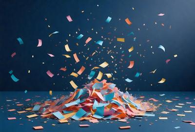 The primary subject of the image is a pile of colorful paper, which is scattered on a blue surface. The setting appears to be a room with a blue wall, and the visual style is a combination of photo and digital art. The colors and mood of the image are vibrant and lively, with the blue wall and the colorful paper creating a cheerful atmosphere.