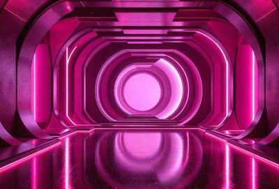 The primary subject of the image is a large, circular, pink light in the center of a room. The room appears to be a futuristic setting with a purple-pink color scheme. The light is the main focus of the image, and it creates a unique and visually striking atmosphere.