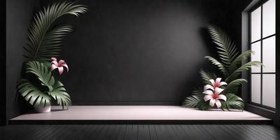 The primary subject of the image is a white stage with a black background. The setting is a theater or a stage, and the visual style is a photo. The colors and mood of the image are predominantly black and white, creating a dramatic and artistic atmosphere.