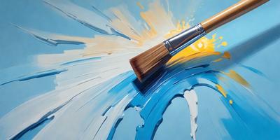 The primary subject of the image is a paintbrush, which is prominently displayed in the foreground. The setting is a blue background, which creates a contrasting and vibrant atmosphere. The visual style appears to be a combination of digital art and illustration, as the brush is depicted in a realistic manner while the background is painted with a digital touch. The colors and mood of the image are predominantly blue, creating a sense of calmness and tranquility.