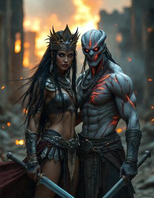The primary subject of the image is a man and a woman, both dressed in medieval-style costumes, standing together. The setting is a dark, possibly demonic, environment with a fire in the background. The visual style appears to be a combination of digital art and illustration, creating a dramatic and intense atmosphere. The colors are predominantly dark, with the fire providing a contrasting element of warmth and light.