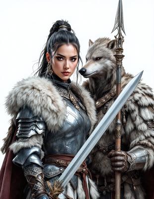 The primary subject of the image is a woman dressed in a medieval-style armor, holding a sword. She is standing next to a wolf, which is also holding a sword. The setting appears to be a fantasy or mythical world, as the woman and the wolf are depicted in a manner that resembles a comic book or an illustration. The visual style is a combination of digital art and illustration, creating a dynamic and engaging scene. The colors and mood of the image are dark and dramatic, with the woman and the wolf as the main focal points.