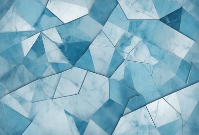 The primary subject of the image is a blue marble wall with a reflective surface. The setting is a room with a blue marble wall, and the visual style is a combination of a photo and digital art. The dominant colors are blue and white, creating a calm and serene atmosphere.