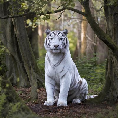 Primary subject: A white tiger sitting in a forest.

Setting/background: The tiger is surrounded by trees and foliage, creating a natural and serene environment.

Visual style: The image is a photo of the tiger in its natural habitat.

Colors and mood: The tiger's white fur contrasts with the greenery of the forest, creating a sense of tranquility and harmony with nature.