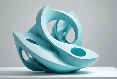 The primary subject of the image is a large, blue, three-dimensional sculpture. The sculpture is made of multiple interconnected pieces, giving it a complex and intricate appearance. The setting is a white background, which provides a clean and minimalist contrast to the sculpture. The visual style of the image is a combination of digital art and illustration, as the sculpture is depicted in a digital format. The colors and mood of the image are predominantly blue, giving it a calm and serene atmosphere.