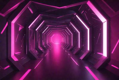 The primary subject of the image is a long, narrow tunnel with a pink lighting effect. The tunnel appears to be made of metal and has a futuristic, artistic design. The setting is a dark, enclosed space with a bright pink glow illuminating the tunnel. The visual style of the image is a combination of digital art and illustration, creating a unique and captivating atmosphere. The dominant colors in the image are pink and black, giving the scene a futuristic and mysterious vibe.