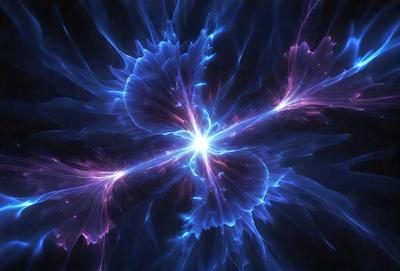 The primary subject of the image is a vibrant, colorful, and abstract artwork featuring a blue and purple background. The artwork appears to be a digital illustration or a digital art piece, showcasing a unique visual style. The colors and mood of the image are predominantly blue and purple, creating a sense of depth and intrigue.
