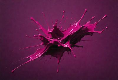 The primary subject of the image is a close-up of a pink paint splatter on a purple background. The setting is a purple wall, and the visual style appears to be a digital art or illustration. The dominant colors are pink and purple, creating a vibrant and lively atmosphere.