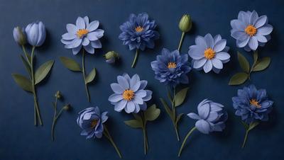 The primary subject of the image is a group of blue flowers, which are the main objects in the scene. The flowers are arranged in a visually appealing manner, creating a sense of harmony and beauty. The setting is a blue background, which provides a striking contrast to the flowers and enhances their visual impact. The visual style of the image is a combination of photo and digital art, resulting in a high-quality, detailed representation of the flowers. The colors and mood of the image are predominantly blue, which adds to the overall atmosphere of calmness and tranquility.