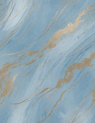 The primary subject of the image is a blue and gold marbled wallpaper. The setting is a blue and gold marbled wallpapered room. The visual style is a close-up of the marbled wallpaper. The colors and mood of the image are predominantly blue and gold, creating a warm and inviting atmosphere.