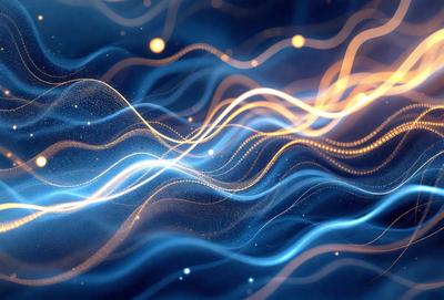 The primary subject of the image is a blue and yellow swirl pattern, which appears to be a digital art or illustration. The setting is a dark blue background, and the visual style is a combination of digital art and illustration. The dominant colors are blue and yellow, creating a vibrant and energetic atmosphere.