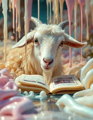 The primary subject of the image is a goat, which is sitting next to an open book. The goat appears to be looking at the book, possibly curious about its content. The setting is a room with a pink and white color scheme, giving the scene a playful and whimsical atmosphere. The visual style of the image is a combination of photo and digital art, creating a unique and creative representation of the goat and the book.