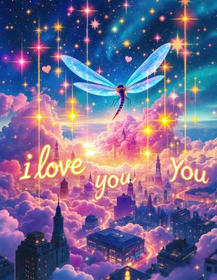 The primary subject of the image is a dragonfly flying through a pink and purple cloudy sky. The setting is a whimsical, dreamy environment with a backdrop of a cityscape. The visual style is a digital art or illustration, creating a surreal and magical atmosphere. The dominant colors are pink and purple, giving the scene a soft and dreamy mood.
