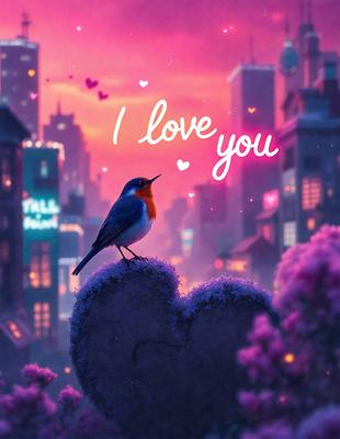 The primary subject of the image is a small bird perched on a heart-shaped rock. The bird is surrounded by a pink and purple color scheme, which gives the scene a warm and romantic atmosphere. The setting appears to be a cityscape, with a tall building visible in the background. The visual style of the image is a combination of photo and digital art, creating a unique and eye-catching composition.