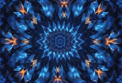 The primary subject of the image is a blue and orange geometric pattern, which appears to be a digital art or illustration. The setting is a blue background, and the visual style is a combination of digital art and illustration. The dominant colors in the image are blue and orange, creating a vibrant and lively atmosphere.