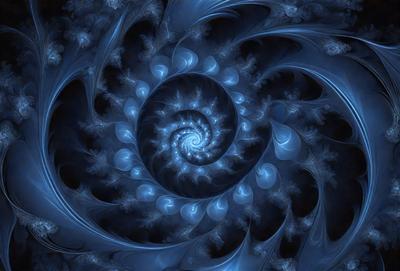 The primary subject of the image is a spiral pattern, which is the main object, scene, or focus of the image. The setting or background features a blue and white color scheme, giving the image a vibrant and lively atmosphere. The visual style of the image is a combination of photo and digital art, creating a unique and intricate design. The colors and mood of the image are predominantly blue and white, with a sense of depth and complexity.
