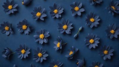 The primary subject of the image is a group of blue flowers with yellow centers. They are arranged in a pattern on a blue background, creating a visually appealing scene. The flowers are the main focus of the image, and their vibrant colors and intricate patterns contribute to the overall mood of the scene.