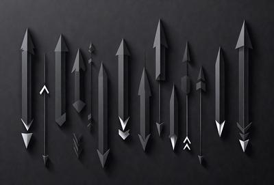 The primary subject of the image is a collection of arrows, which are the main objects in the scene. The setting is a black background, which creates a contrast with the arrows. The visual style is a combination of digital art and illustration, as the arrows are depicted in a stylized manner. The colors and mood of the image are predominantly black and white, giving it a minimalist and modern appearance.