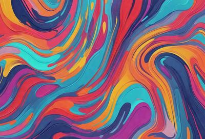 The primary subject of the image is a colorful, abstract painting featuring a swirling pattern of colors. The setting is a wall, and the visual style is a combination of digital art and illustration. The dominant colors in the painting are orange, blue, and yellow, creating a vibrant and lively atmosphere.