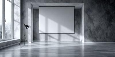 The primary subject of the image is a large white screen, which is the main object in the scene. The setting is a room with a gray wall, and the visual style appears to be a photo. The colors in the image are predominantly white and gray, creating a clean and minimalist atmosphere.
