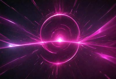 The primary subject of the image is a pink, circular object with a bright light in the center. The setting appears to be a dark, possibly futuristic environment. The visual style of the image is a combination of digital art and illustration, creating a unique and captivating scene. The dominant colors in the image are pink and purple, giving the scene a vibrant and energetic atmosphere.