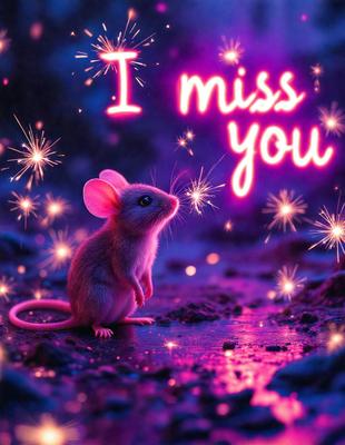 The primary subject of the image is a small mouse standing on a dirt ground. The mouse is surrounded by a purple background, which adds a unique and whimsical touch to the scene. The visual style of the image is a combination of photo and digital art, creating a vibrant and eye-catching scene. The colors and mood of the image are predominantly purple, giving it a playful and imaginative atmosphere.