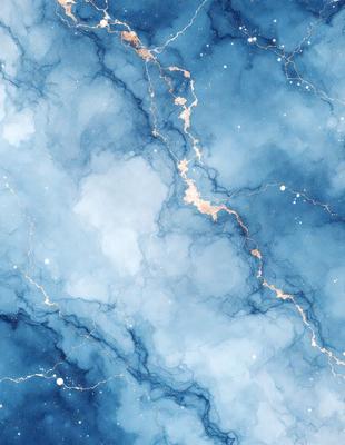 The primary subject of the image is a blue and white marbled surface, which appears to be a painting or drawing. The setting is a blue background, and the visual style is a combination of digital art and illustration. The colors and mood of the image are predominantly blue and white, creating a serene and calming atmosphere.