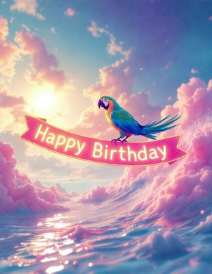 The image features a colorful parrot sitting on a cloud, which is part of a birthday celebration. The parrot is the primary subject, and the scene is set in a pink and blue sky, giving it a cheerful and festive atmosphere. The visual style is a combination of digital art and illustration, creating a vibrant and lively scene.