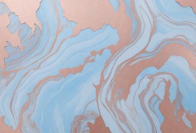 The primary subject of the image is a blue and white marbled surface, which appears to be a painting or a digital artwork. The setting is a room with a blue wall, and the visual style is a combination of painting and digital art. The dominant colors are blue and white, creating a calm and serene atmosphere.