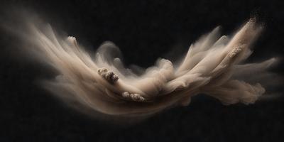 The primary subject of the image is a white, swirling, and flowing substance, which appears to be a cloud of smoke or a misty, whirling mass. The setting is a dark background, which contrasts with the white substance, creating a dramatic and visually striking scene. The visual style of the image is a combination of photo and digital art, as it captures the movement and texture of the white substance. The colors and mood of the image are predominantly dark and moody, with the white substance standing out as the main focal point.