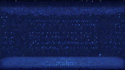 The primary subject of the image is a blue wall with a pattern of blue squares. The setting is a room with a blue floor, and the visual style appears to be a digital art or illustration. The dominant colors and overall atmosphere are blue and dark, creating a moody and mysterious ambiance.