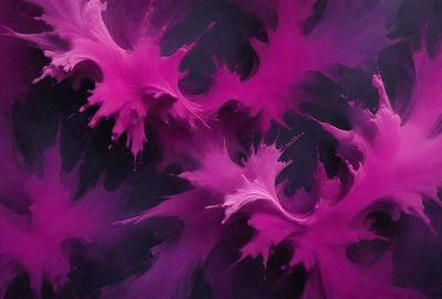 The primary subject of the image is a purple painting with a swirling, flowing design. The painting is set against a black background, creating a striking contrast. The visual style of the painting appears to be a mix of digital art and illustration, with a focus on the swirling patterns and vibrant colors. The dominant colors in the painting are purple and black, creating a bold and striking atmosphere.