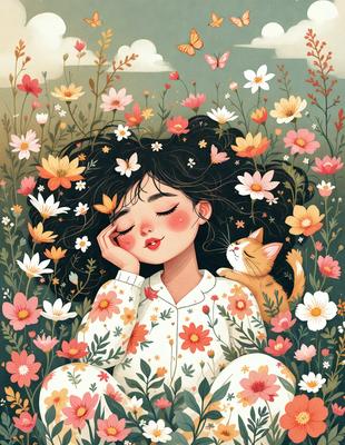 The primary subject of the image is a woman lying down in a field of flowers. She is surrounded by a variety of flowers, including daisies and other colorful blooms. The setting is a natural environment, with the woman resting in the middle of the field. The visual style of the image is a combination of digital art and illustration, creating a vibrant and lively atmosphere. The colors and mood of the image are predominantly warm and cheerful, with the woman and the flowers creating a sense of tranquility and beauty.
