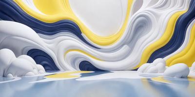 The primary subject of the image is a large, abstract painting of a wave. The painting is displayed on a wall, and it features a mix of yellow, blue, and white colors. The setting is an art gallery, and the visual style is a combination of digital art and illustration. The dominant colors and overall atmosphere of the painting are calming and serene, creating a sense of tranquility and beauty.