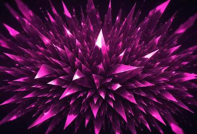 The primary subject of the image is a large, purple, three-dimensional structure that resembles a crystal or a cluster of crystals. The setting is a dark, purple background that contrasts with the bright, pinkish hue of the crystals. The visual style is a combination of digital art and illustration, creating a unique and eye-catching design. The colors and mood of the image are predominantly pink and purple, giving it a vibrant and lively atmosphere.
