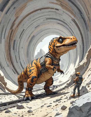 The primary subject of the image is a large, colorful, and detailed illustration of a dinosaur, specifically a T-Rex. The setting is a cave, with the T-Rex standing in the middle of the scene. The visual style is a digital art, creating a vivid and engaging representation of the dinosaur. The colors and mood of the image are lively and energetic, capturing the essence of the T-Rex and its surroundings.