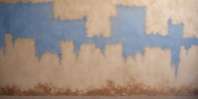 The primary subject of the image is a wall with a blue and white painting on it. The setting is a room with a tiled floor. The visual style is a painting, and the dominant colors are blue and white. The overall atmosphere is artistic and visually appealing.
