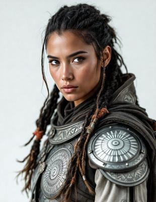 The primary subject of the image is a woman with long, braided hair. She is wearing a costume, which includes a metal-like vest and a hood. The setting is a white background, which provides a clean and minimalistic look to the image. The visual style is a combination of photo and digital art, creating a unique and intriguing appearance. The colors in the image are predominantly silver and black, giving the scene a futuristic and mysterious atmosphere.