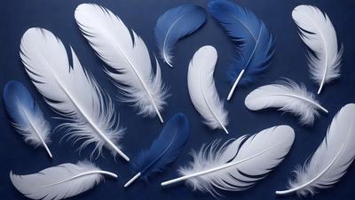 The primary subject of the image is a collection of white feathers, which are the primary focus of the scene. The feathers are arranged in various positions, creating a visually appealing composition. The setting is a blue background, which provides a contrasting and complementary color to the white feathers. The visual style of the image is a close-up of the feathers, showcasing their intricate details and textures. The overall atmosphere of the image is serene and elegant, with the white feathers symbolizing purity and grace.