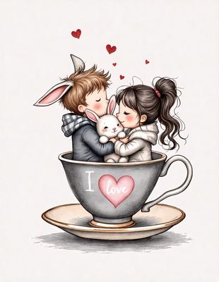 The primary subject of the image is a couple, a boy and a girl, sitting together in a cup. They are holding a small bunny, which is also sitting in the cup. The setting is a cozy and intimate environment, with the couple and the bunny sharing a warm and loving moment. The visual style is a combination of digital art and illustration, creating a whimsical and heartwarming scene. The colors are predominantly pink and white, which adds to the overall atmosphere of love and affection.